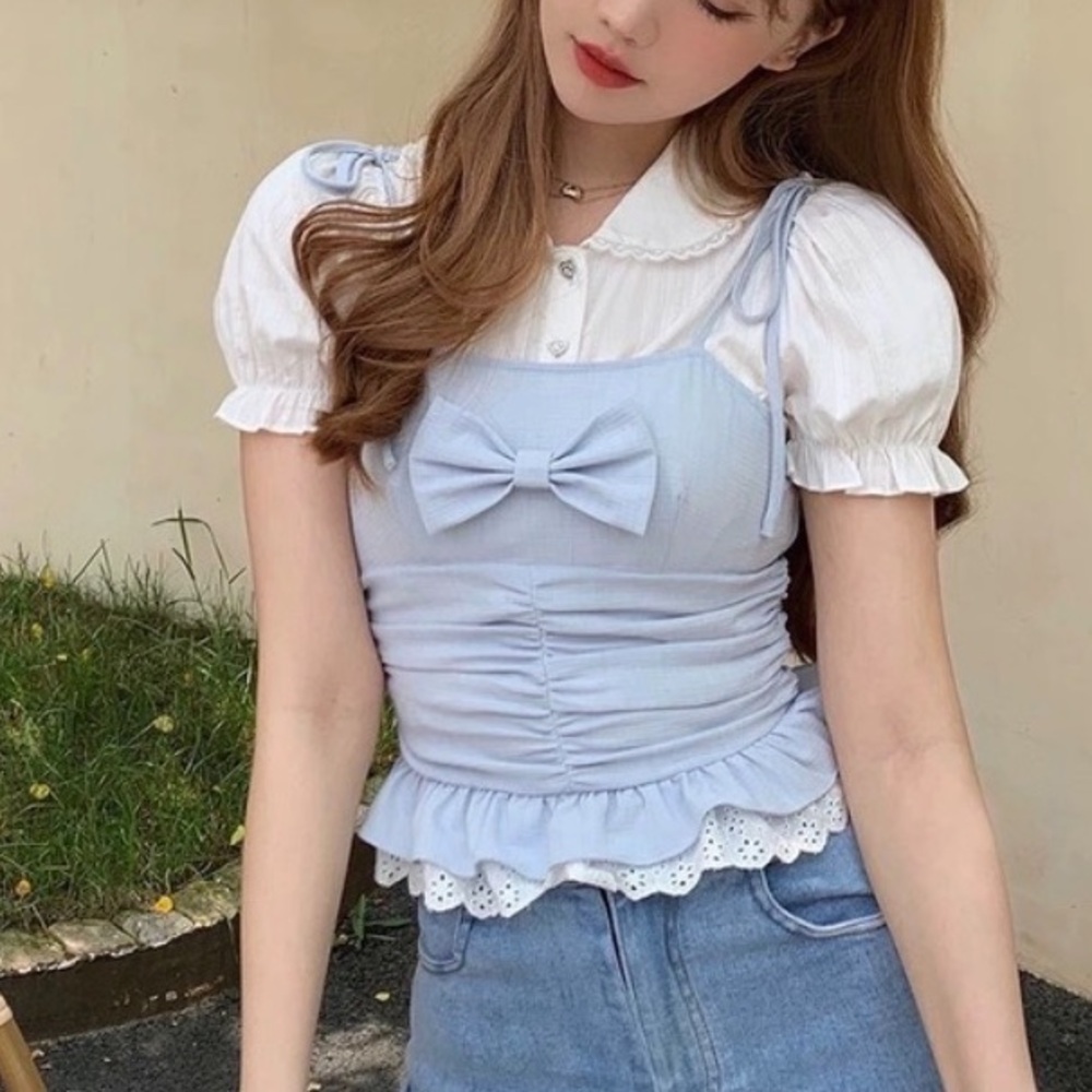 Japanese Kawaii Baby Blue Bow Tank White Crystal Button Lace Top Set